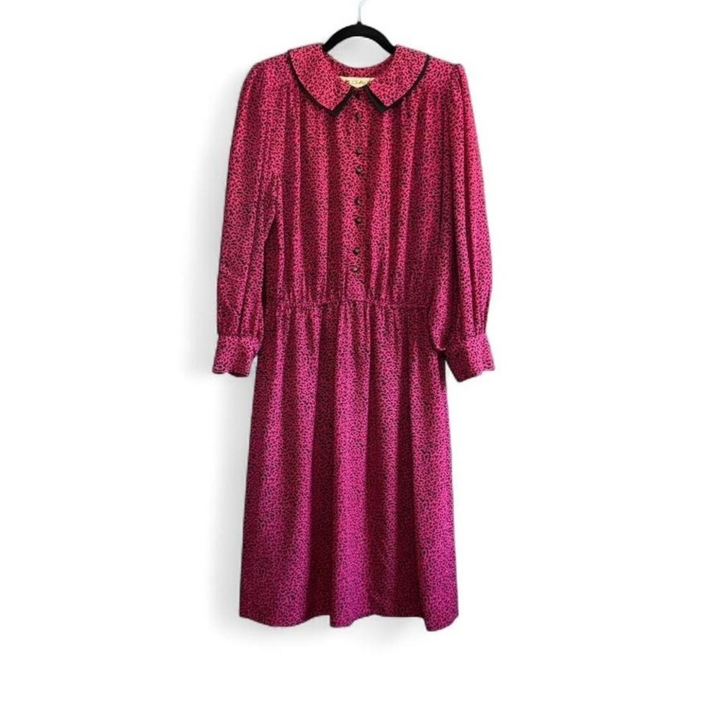 Vintage 80s Ms. Chaus Dress Women's Size 12‎ Pink Black Collared Retro Geometry